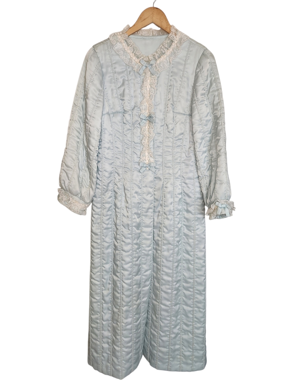 Vintage 70s Quilted Satin Lace Housecoat Blue Long Robe Prairie Romantic Cottage